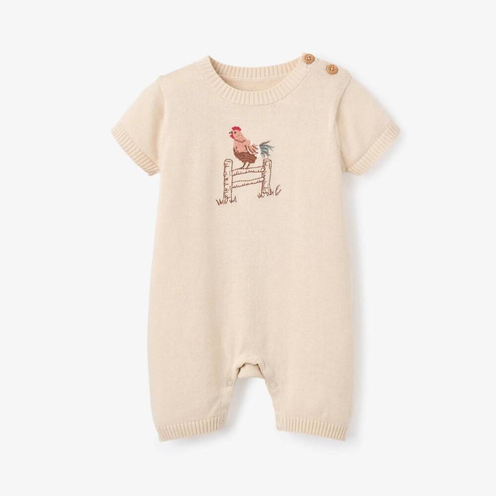 NEW ELEGANT BABY girl's rooster embroidered knit shortall in cream